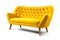 Retro Chic: Vibrant Yellow Sofa with Teak Wood Legs on White Background