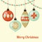 Retro Christmas card with hanging Christmas balls, ornaments. Vector illustration background, flat design.