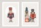 Retro Christmas greeting cards, invitations set. Smiling, grinning Nutcracker. Men with beards and uniform. Abstract