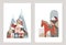 Retro Christmas greeting cards, invitations set. Winter landscape with mountains and colorful houses, village. Swedish
