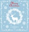 Retro Christmas greeting pastel blue card with cut out paper fir wreath, snowflakes and deer