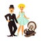 Retro cinema actor and movie actress vector flat cinematography character icon