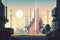 Retro city landscape, futuristic background, vector illustration