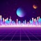 Retro city landscape in neon colors. Cyberpunk futuristic town. Sci-fi background abstract digital architecture. Vector