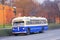 Retro city trolleybus parade goes along Kremlin wall