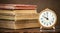 Retro clock and books, back to school , education, learning history banner