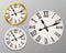 Retro clock face. Tower wall clocks with roman numerals and antique classic hands in golden and white round watch case