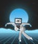 Retro collage. Contemporary art. Man with retro computer screen with eye on it dancing isolated over blue background in