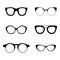Retro collection of 6 various glasses. Sunglasses black silhouettes. Eye glasses set. Vector illustration