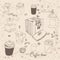 Retro collection with different coffee objects: cups, coffee grinders, coffee makers, coffee beans. Hand drawn.