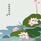 Retro colorful Chinese style vector illustration elegant lotus flower in the pond
