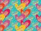 Retro colorful pop dots hearts on turquoise