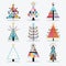 Retro colorful and trendy isolated pop art Christmas trees icons set