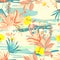 Retro colorful Tropical flowers anfd exotic plants on the camouflage background. Vector seamless pattern illustration