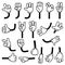 Retro comic hands gestures in gloves for cartoon characters. Doodle arm pointing finger. Thumb up, fist, rock and