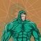 Retro comic style artwork, a monster with green body color, muscular and fierce face.