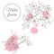 Retro composition of blossoming branch of apple tree and abstract pink spots. Hand drawn sketch of malus flowers on white backgro