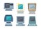 Retro computers set. Old electronic PC various shapes layouts information gadgets with builtin case loaded from floppy