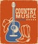 Retro Country music poster of acoustic guitar and cowboy American hat and boots. Vector music background with text on old paper