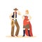 Retro couple cowboy and cabaret dancer woman dressed in traditional country wild west clothes