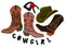 Retro cowgirl. Vector set of cowboy boots, hat and bandana.