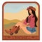 Retro cowgirl. Vector vintage portrait of young attractive girl.