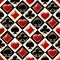 Retro decorative chess cell seamless pattern background with glossy playing card suit symbols with in gold border