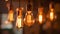 Retro decorative lightbulbs hanging. Vintage design Close-up Of A Tungsten Light Bulb Sparkling with bokeh lights