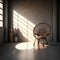 Retro-designed elegant rattan chair in brown wood complementing a sunlit loft interior with clean, polished cement walls and