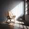 Retro-designed elegant rattan chair in brown wood complementing a sunlit loft interior with clean, polished cement walls and