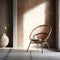 Retro-designed elegant rattan chair in brown wood complementing a sunlit loft interior with clean, polished cement walls and