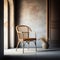 Retro-designed elegant rattan chair in brown wood complementing a sunlit loft interior with clean, polished cement walls and