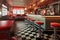 retro diner interior with checkerboard floor and soda counter