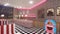 Retro diner interior with a tile floor, neon illumination, jukebox and art deco style bar stools. 3d illustration