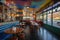 retro diner, with vibrant and colorful murals of 1950s americana