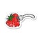 retro distressed sticker of a cartoon fork in giant strawberry