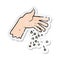 retro distressed sticker of a cartoon hand spreading seeds