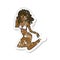 retro distressed sticker of a cartoon woman in underwear looking thoughtful