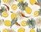 Retro doodle hand drawn lime and lemon seamless pattern. Tropical leaves summer citrus fruit vintage style