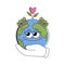 Retro Earth character cartoon groovy style. Funky globe sticker with psychedelic smile face. Earth day or World