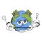Retro Earth character cartoon groovy style. Funky globe sticker with psychedelic smile face. Earth day or World