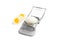 Retro egg slicer and eggs on white background