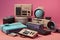 Retro electronics set. Nostalgic collectibles from the past 1980s - 1990s