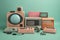 Retro electronics set. Nostalgic collectibles from the past 1980s - 1990s