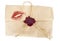 Retro envelope on a white background with a trace of a kiss