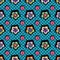 Retro exotic colorful flowers on blue checkered background pattern