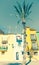 Retro faded image row of pastel colored terrace style traditional Mediterranean homes La Vila Joiosa, Alicante Spain