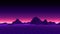 Retro fantastic background of the 80s. Vector mountain wireframe landscape with night sky. Futuristic neon scenery