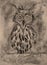 Retro fantasy owl in sepia on a branch.