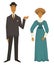 Retro fashion of 1910s, man in suit and hat, woman in dress with jabot